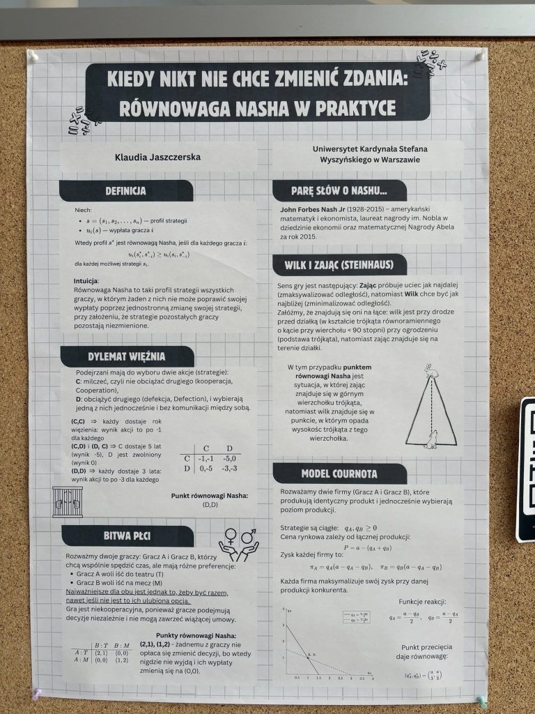 plakat Klaudii Jaszczerskiej pt. „Kiedy nikt nie chce zmienić zdania: równowaga Nasha w praktyce”